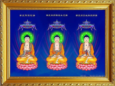 佛畫佛像唐卡 三寶佛畫像2 三世佛 相紙打印 佛像畫佛菩薩雙面塑封相框