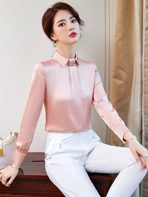 【熱賣下殺】女士醋酸襯衫2022新款早秋洋氣小衫漂亮粉色小眾獨特別致長袖上衣