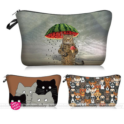 【寶貝日雜包】西瓜傘下的貓收納防震包 貓咪插畫化妝包 小物包 零錢包 手機包 耳機包 鑰匙包 盥洗包