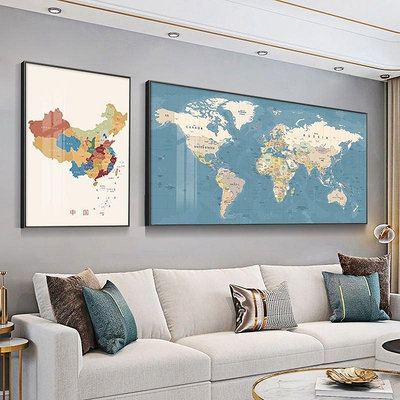 【現貨精選】中英文世界地圖客廳裝飾畫北歐沙發背景墻掛畫簡約辦公室書房壁畫