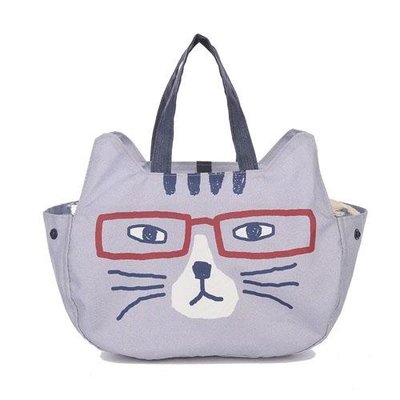 ˙ＴＯＭＡＴＯ生活雜鋪˙日本進口雜貨人氣療癒系厭世藍貓眼鏡貓咪臉型隔層收納保冷袋手提袋(預購)