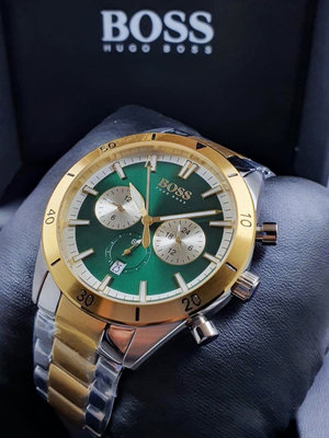 HUGO BOSS Santiago 綠色面錶盤 金色配銀色不鏽鋼錶帶 石英 三眼計時 男士手錶 1513872