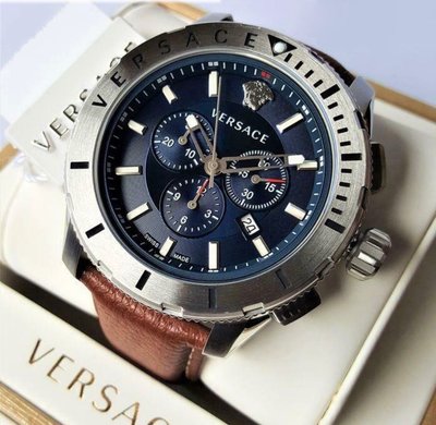 VERSACE Casual 藍色錶盤 棕色皮革錶帶 石英 三眼計時 男士手錶 VERG00218
