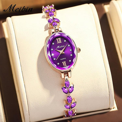 男士手錶 MEIBIN廠家直供美賓手鏈爆款紫羅蘭花瓣輕奢珠寶女士腕錶防水女錶