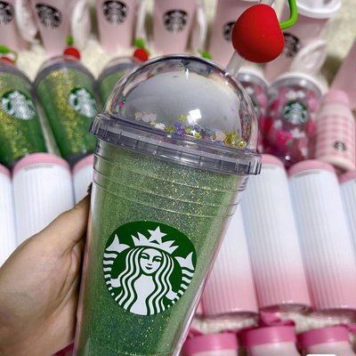 韓國星巴克情人節限量款櫻桃吸管杯🌸 閃閃的杯身，雙層杯蓋還有可活動的小亮片