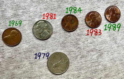 美金加拿大美元硬幣：1969、1983、1984、1989一美分、1分；1981五美分、5分；1979 加拿大 25分