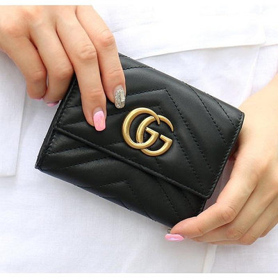 GUCCI 古馳 GG Marmont Wallet 黑色絎縫 三折短夾/錢包/皮夾/卡夾474802 短夾