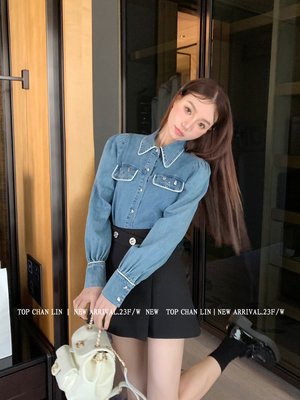 TOPCHANLIN2023十三行春款女裝韓系淑女泡泡袖POLO領白邊牛仔襯衫-范斯頓配件工廠超夯 正品 現貨