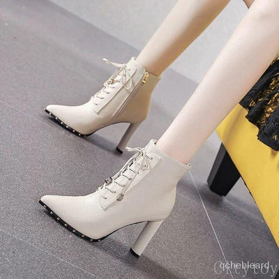 女靴 短靴 尖頭短靴女 靴子 2024年新款 白色高跟鞋女 粗跟 顯瘦係帶 馬丁靴女 冬季加絨