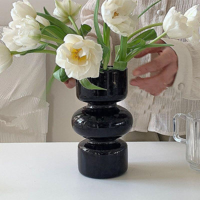 北歐風設計感輕奢黑色玻璃花瓶插花裝飾擺件居家花瓶風高顏值