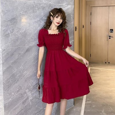 2020年新款紅色雪紡方領洋裝復古赫本風法式顯瘦鬆緊露背裙子夏