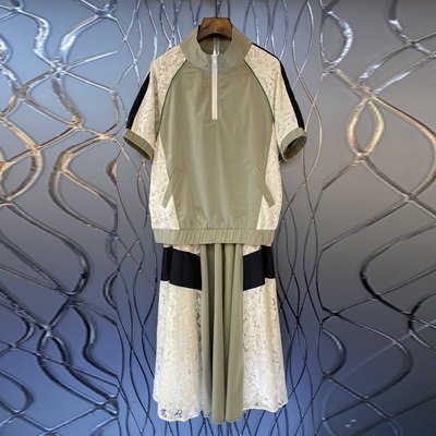 【熱賣精選】撞色刺繡蕾絲拼接上衣半身裙兩件套小眾套裝女夏季歐美5H