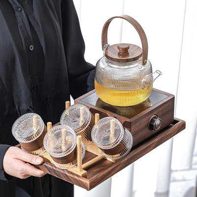 胡桃木煮茶壺煮茶器新款加厚玻璃耐高溫燒水泡茶白茶電陶爐煮茶爐