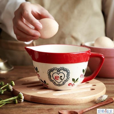 【熱賣精選】北歐手繪攪拌碗陶瓷帶把手家用打蛋碗尖嘴碗引流杯烘焙調面糊碗