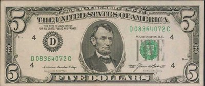 [亞瑟小舖]1985年美國總統林肯 5 Dollars美金(綠徽)1張,全新無折!!!