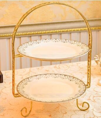 陶瓷歐式金邊雙層午茶盤 下午茶盤 派對甜點盤蛋糕盤食物盤二層架 金色簡約午茶盤 3140A