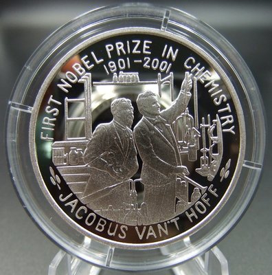 惠泉古錢幣收藏（可議價）朝鮮2001年第一屆諾貝爾化學獎范托霍夫5WON精制紀念銀幣