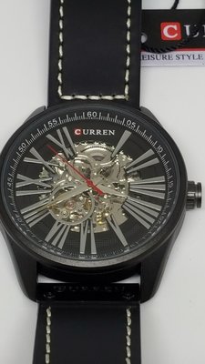 【成吉思汗精品】全新Curren機械錶黑色皮錶帶黑色邊框黑色鏡面