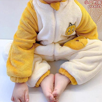 兒童連身睡衣秋冬季法蘭絨雙層加厚寶寶睡袋男童珊瑚絨防踢被