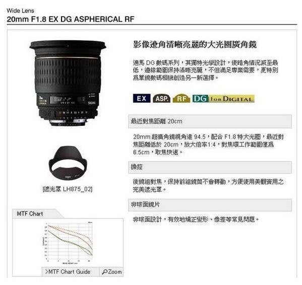 【eWhat億華】Sigma 20mm F1.8 EX DG ASP RF For Pentax 公司貨