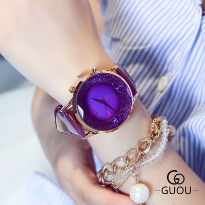 新款手錶女 百搭手錶女香港古歐手錶女款潮流時尚石英錶簡約氣質大錶盤GUOU皮帶手錶