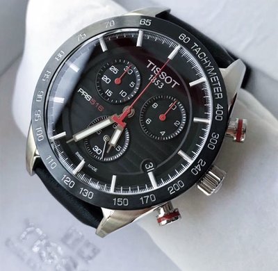 TISSOT PRS516 黑色面錶盤 陶瓷錶圈 黑色皮革錶帶 石英 三眼計時 男士手錶T1004171605100 天梭腕錶