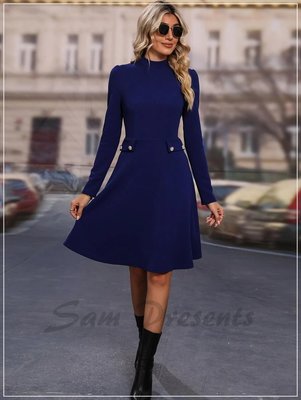 洋裝 藍色小高領紐扣細節洋裝 歐美流行時尚女裝連身裙連衣裙小禮服有中大尺碼H5639