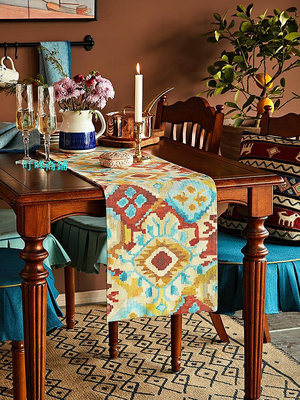 桌巾蠟筆派印第安茶幾桌旗美式氛圍感亞麻防水高級餐桌布家用茶旗定制