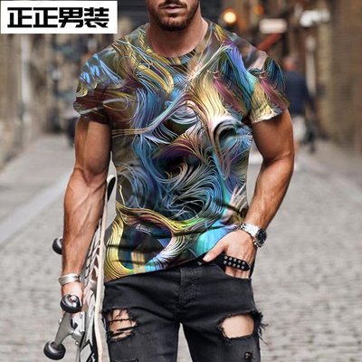 廠家貨源2023歐美男裝個性寬松DIY數碼印花3D短袖上衣T恤-正正男裝