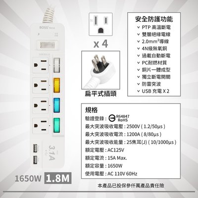 BOSS 5開4插3P高溫斷電USB延長線-1.8米功能同EL-U43R6U21