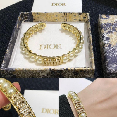 全館免運 Dior 手鐲經典復古字母星星珍珠開口手環女 精選高版本黃銅材質 可開發票