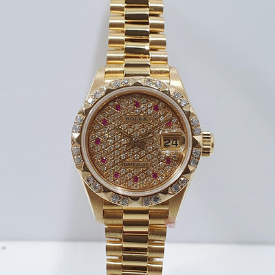 ROLEX勞力士 69178 Datejust 蠔式女錶 18K金 後加滿天星紅寶鑽面 後加金字塔鑽圈 大眾當舖B026