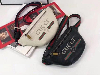 【智哥優選】二手全新 Gucci／古奇腰包 527792 黑色白色小號胸包GUCCI印花mini腰包