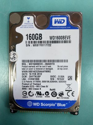 (經典) WD藍標 2.5吋 IDE筆電硬碟 160GB(160G) WD1600BEVE-00A0HT0 (217)
