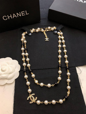 【二手】 Chanel 香奈兒項鏈原單品質CC方鉆黑白珠毛衣鏈 Chanel新款首飾