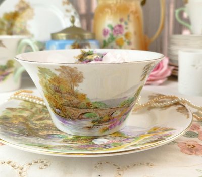 紫丁香歐陸古物雜貨♥英國名品1946年Shelley英國風情畫粉綠把手骨瓷糖碗.置物碗一個