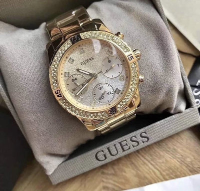 GUESS 水鑽圈 漸層淡金色錶盤 金色不鏽鋼錶帶 石英 女士手錶 W0774L5