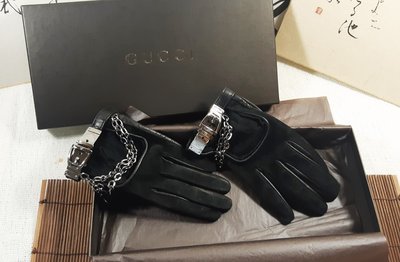 義大利製 GUCCI 真皮 麂皮 金屬鍊裝飾 女用 機車手套 附盒