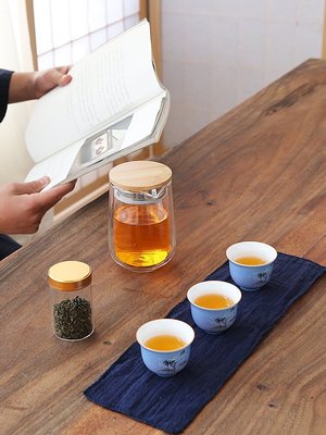 下殺 《ukik601》收納便攜旅行茶具雙層過濾玻璃泡茶壺辦公戶外快客杯一壺三杯