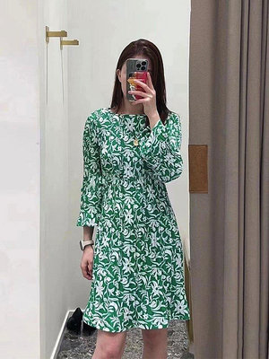 新款熱銷 MAJE KURO2023夏季新款法式民族風氣質修身復古綠色印花連衣裙女 明星大牌同款