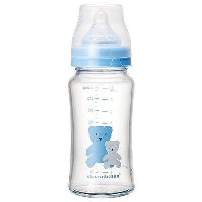 ✪最愛寶貝熊✪奇哥chickabiddy耐熱玻璃奶瓶寬口徑240ml藍/粉~附類似貝親0m+母乳實感透氣奶嘴