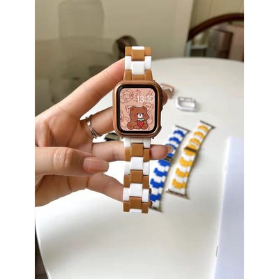 apple watch5代蘋果錶帶 iwatch6代拼色樹脂錶帶+PC電鍍鏤空錶殼