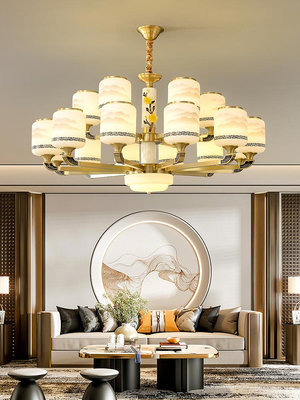 客廳吊燈新中式全銅玉石臥室餐廳燈輕奢高檔中國風別墅大廳燈具~沁沁百貨
