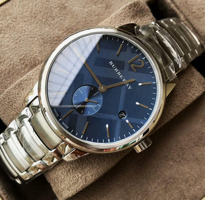 BURBERRY 格紋藍色面錶盤 銀色不鏽鋼錶帶 石英 男士手錶 BU10007