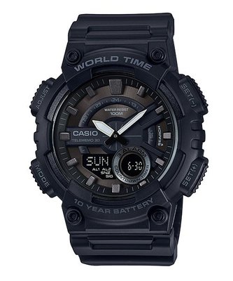【金台鐘錶】CASIO卡西歐 世界時間 時尚雙顯男錶 10年電力 30組電話 橡膠錶帶  AEQ-110W-1B