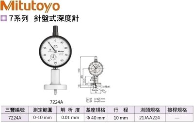 日本三豐Mitutoyo 針盤式深度計 7224A 測定範圍:0-10mm 解析度:0.01mm