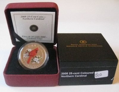 加拿大 2008年 鳥類標本系列 北美紅雀 彩色紀念幣（盒證齊）