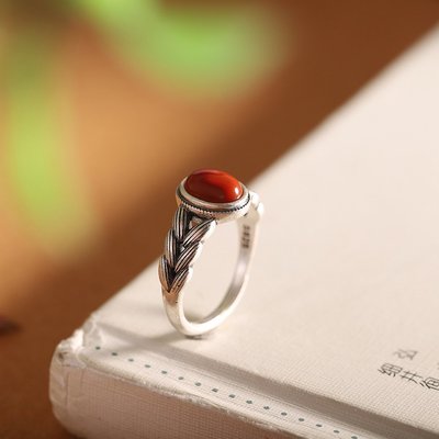 【現貨泰銀做舊s925銀飾品女式南紅瑪瑙麥穗戒指 開口女式指環