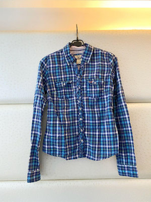 田心齊⭐️美國HOLLISTER 藍色系花邊格紋長袖襯衫/二手保存良好a012