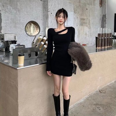 連身裙韓版洋裝連衣裙洋裝連身裙女年新款冬季韓版黑色長袖氣質洋氣設計感修身針織短裙通勤風嚴選女裝